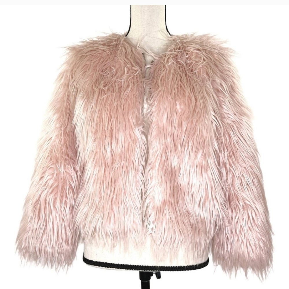 NWT Womens Pink Cropped Vegan Faux Fur Jacket L